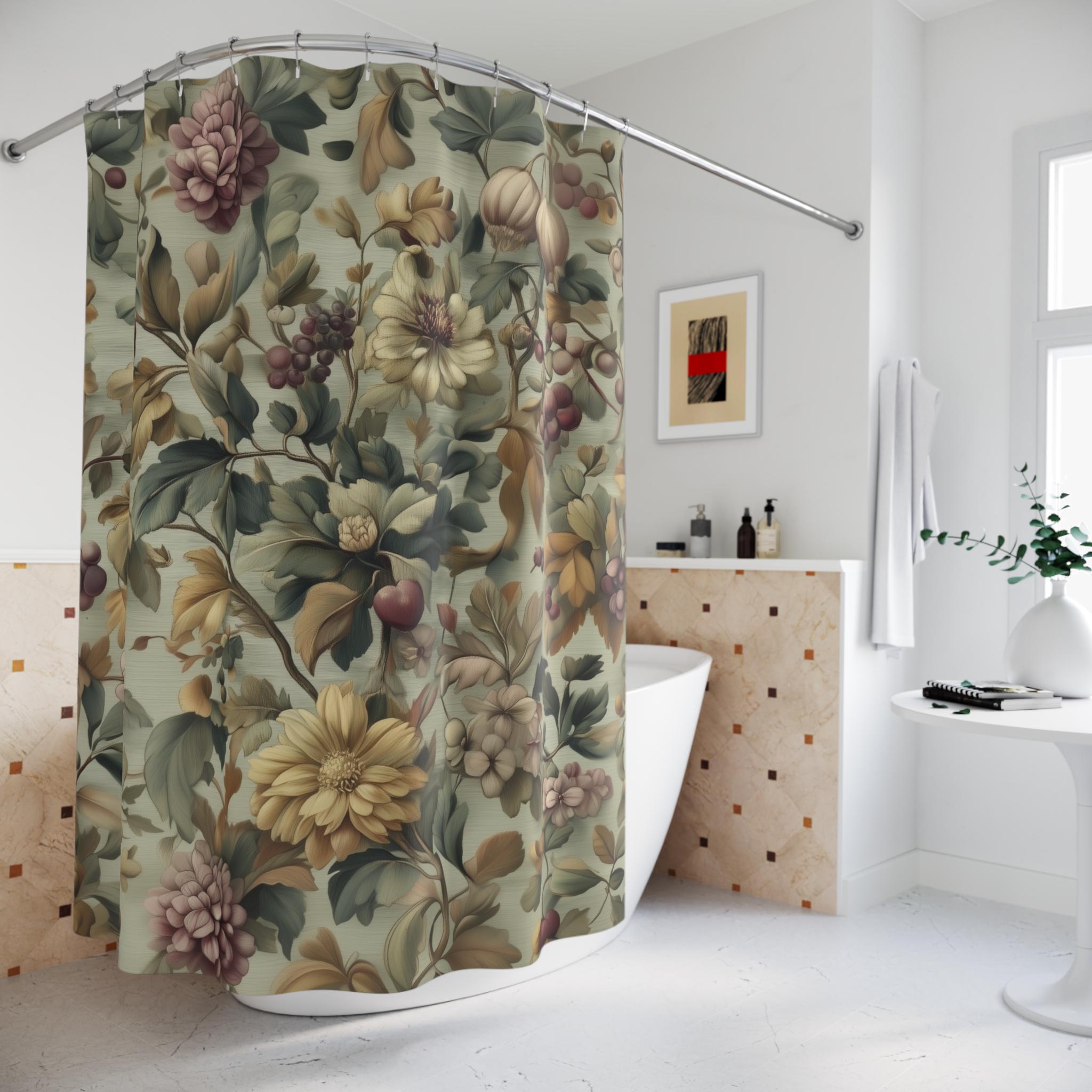 William Morris Inspired Fall Botanical Shower Curtain: Sage Mint, Wine, Wheat