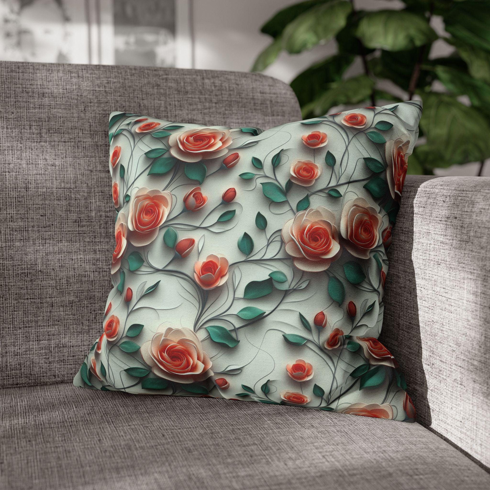 Elegant Floral Rose Square Pillowcase: Romantic Red Coral Design for Home Decor, Wedding Gift