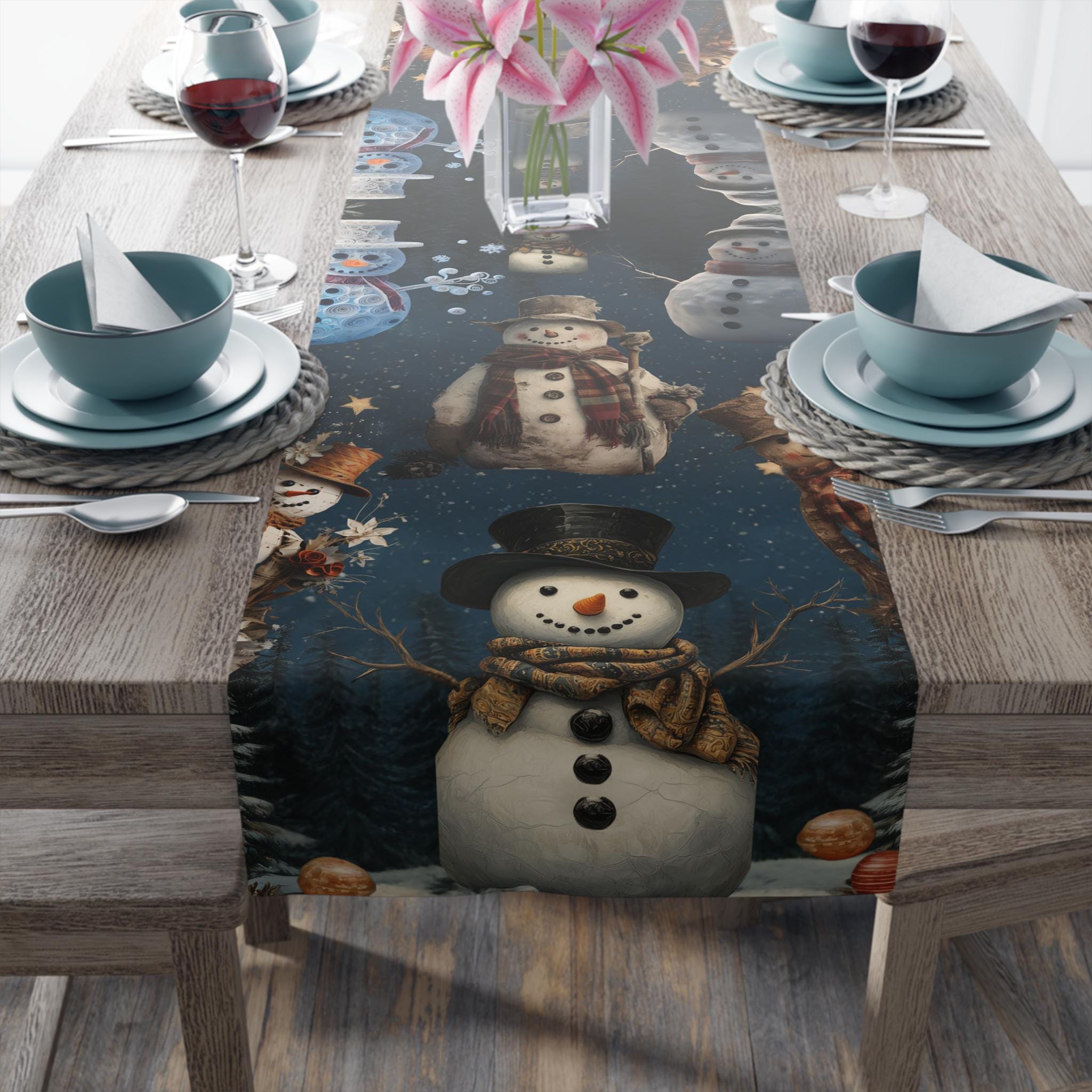 William Morris Inspired Snowman Table Runner: Vintage Style Charming Christmas Decor in Navy Blue