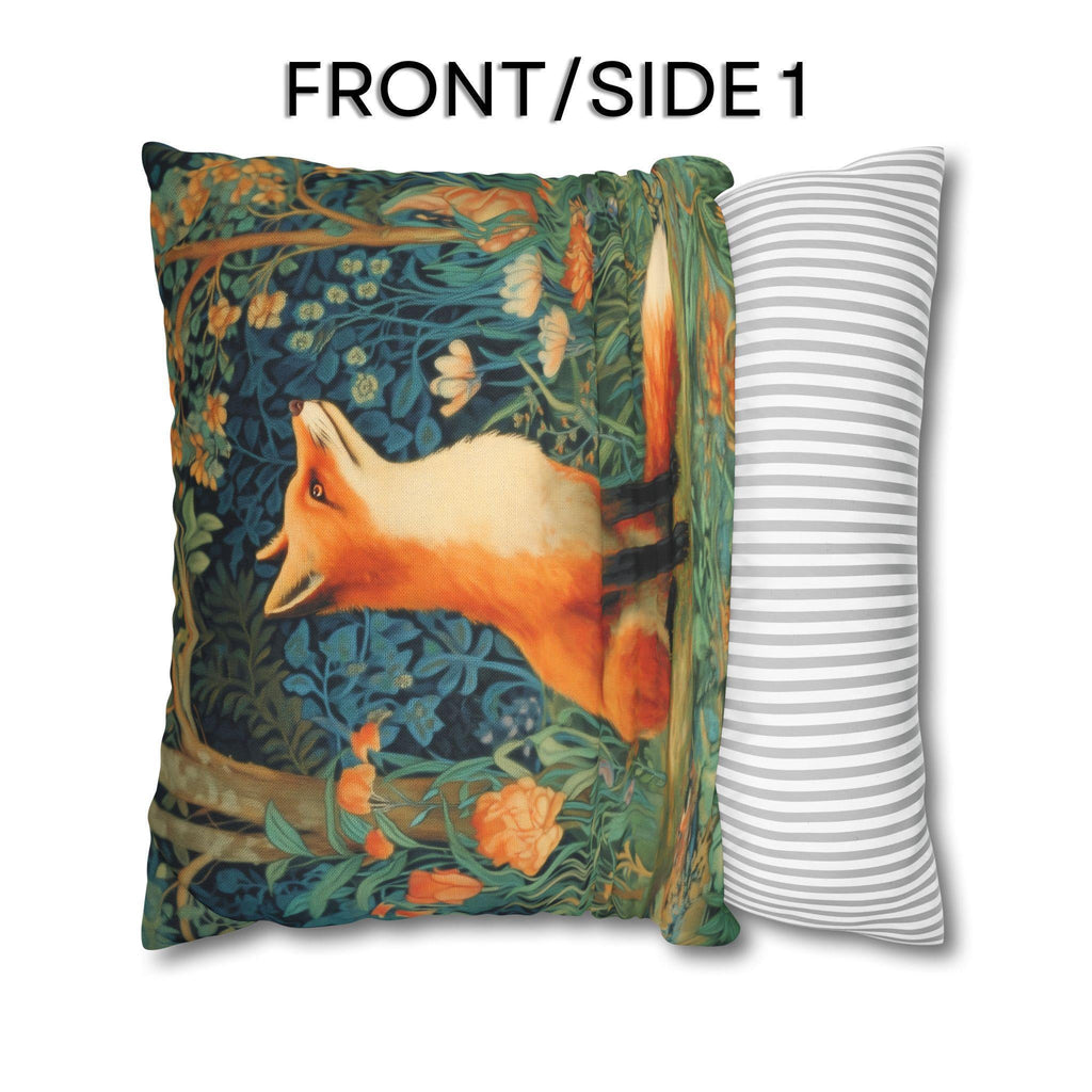 Morris-Inspired Red Fox Botanical Pillow Cover: Vintage Style Moody Woodland Blooms