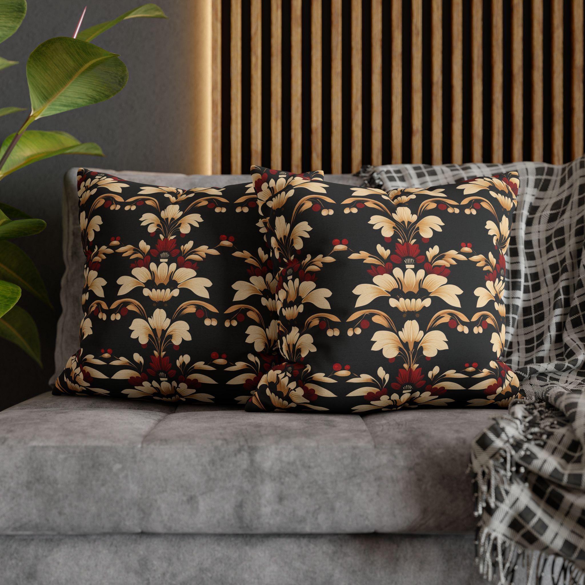 Vintage Style Floral Art Deco Throw Pillow Cover, Cream Red Gold