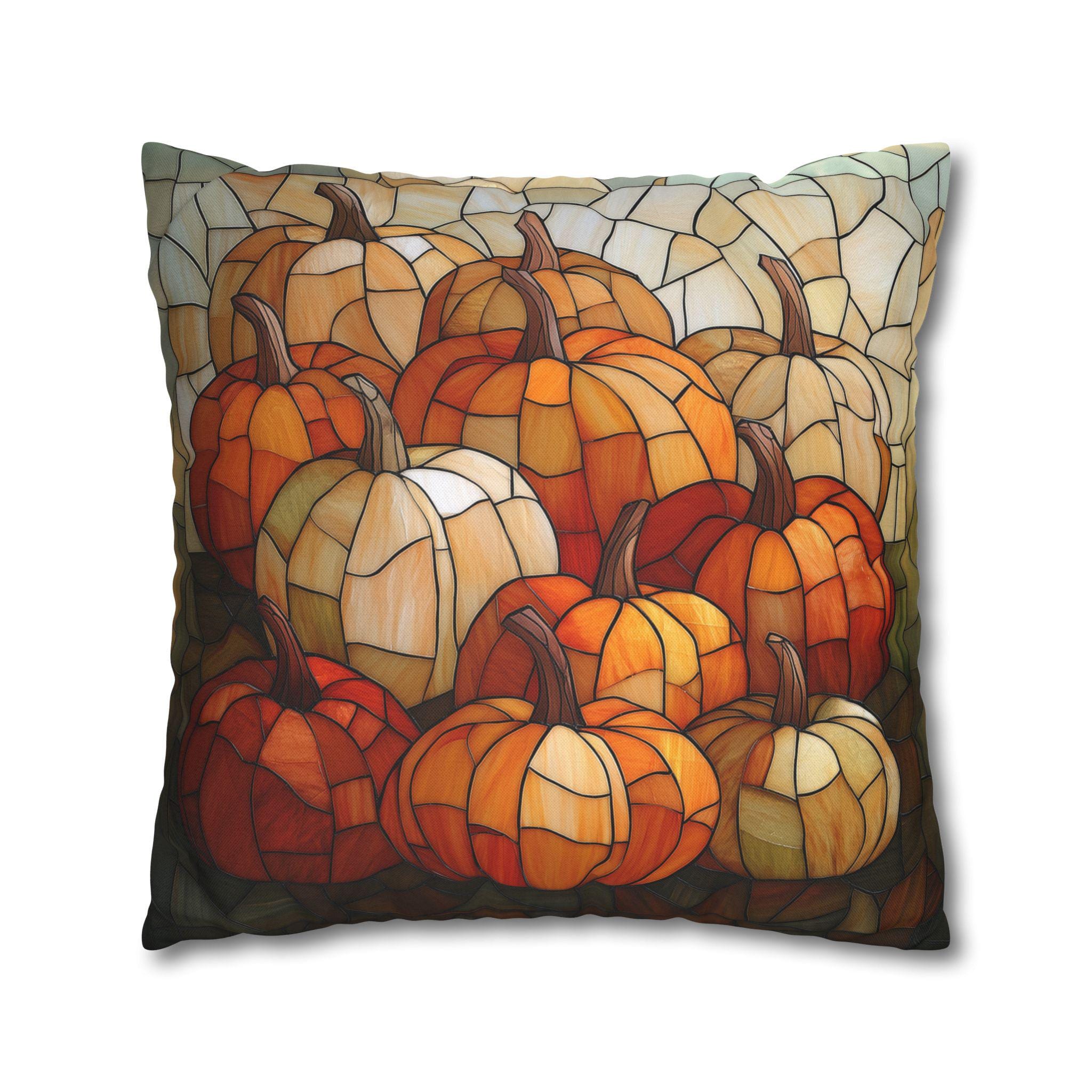 Pumpkin Mosaic Pillow Cover, Fall Decor, Stained Glass Effect