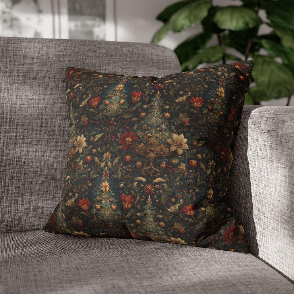Intricate Christmas Trees and Florals Pillow Cover: William Morris Style Holiday Botanical Design