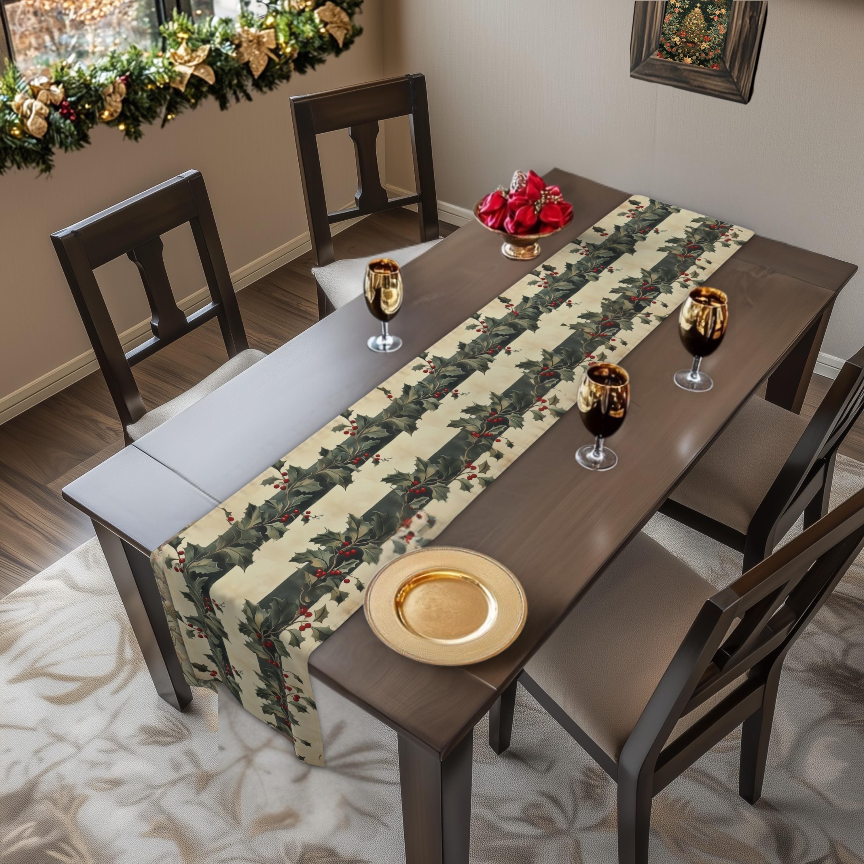 Classic Vintage Style Holly & Stripes Table Runner: Botanical Winter Holiday Dining Decor