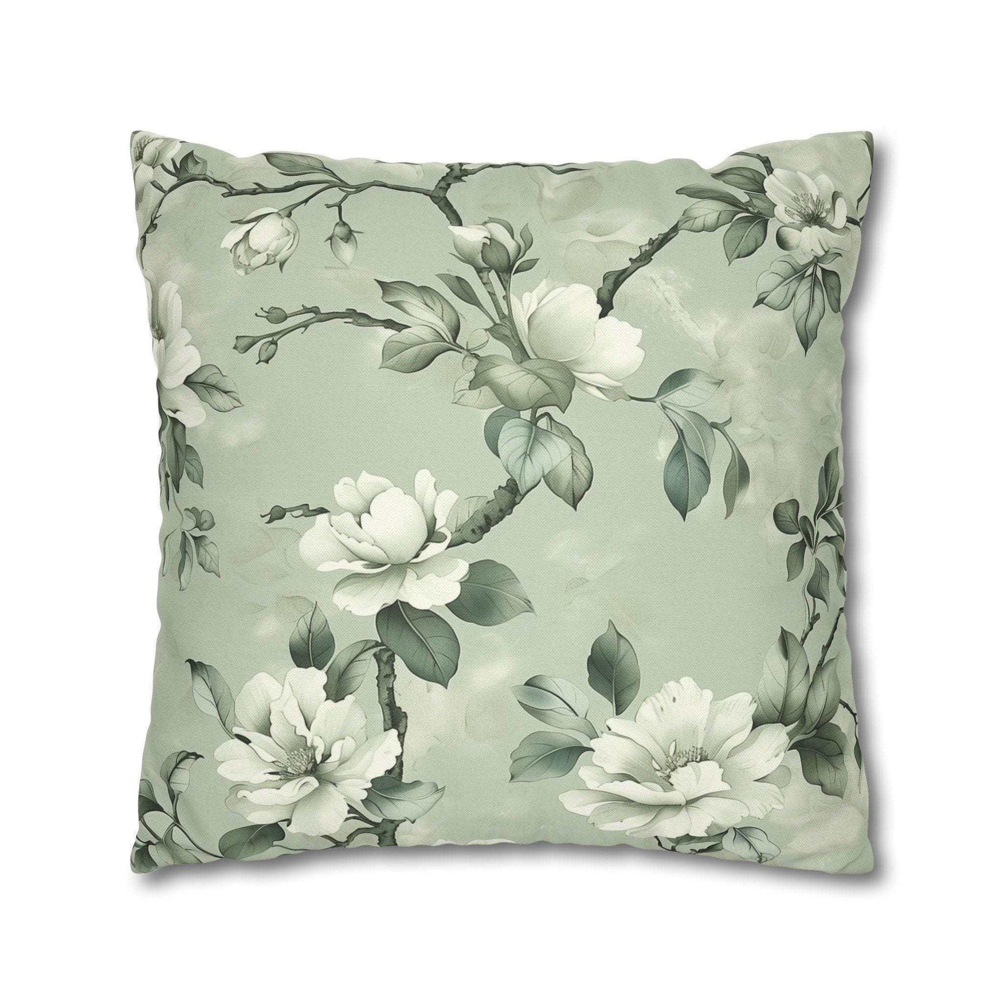 White Magnolia Pillow Cover: Soft Mint Green Floral Cushion