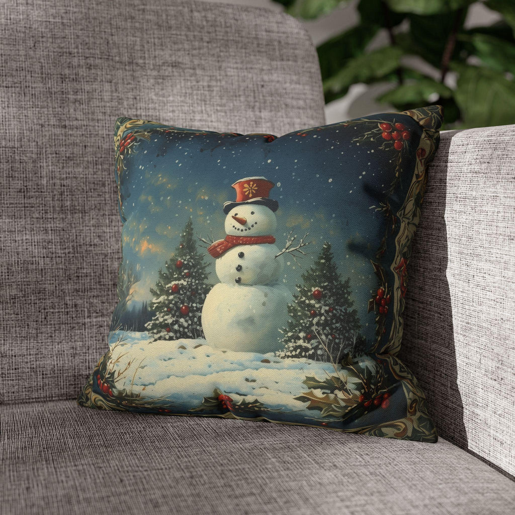 Oil Painting Style Christmas Pillow Cover: Snowman & Blue Forest Scene