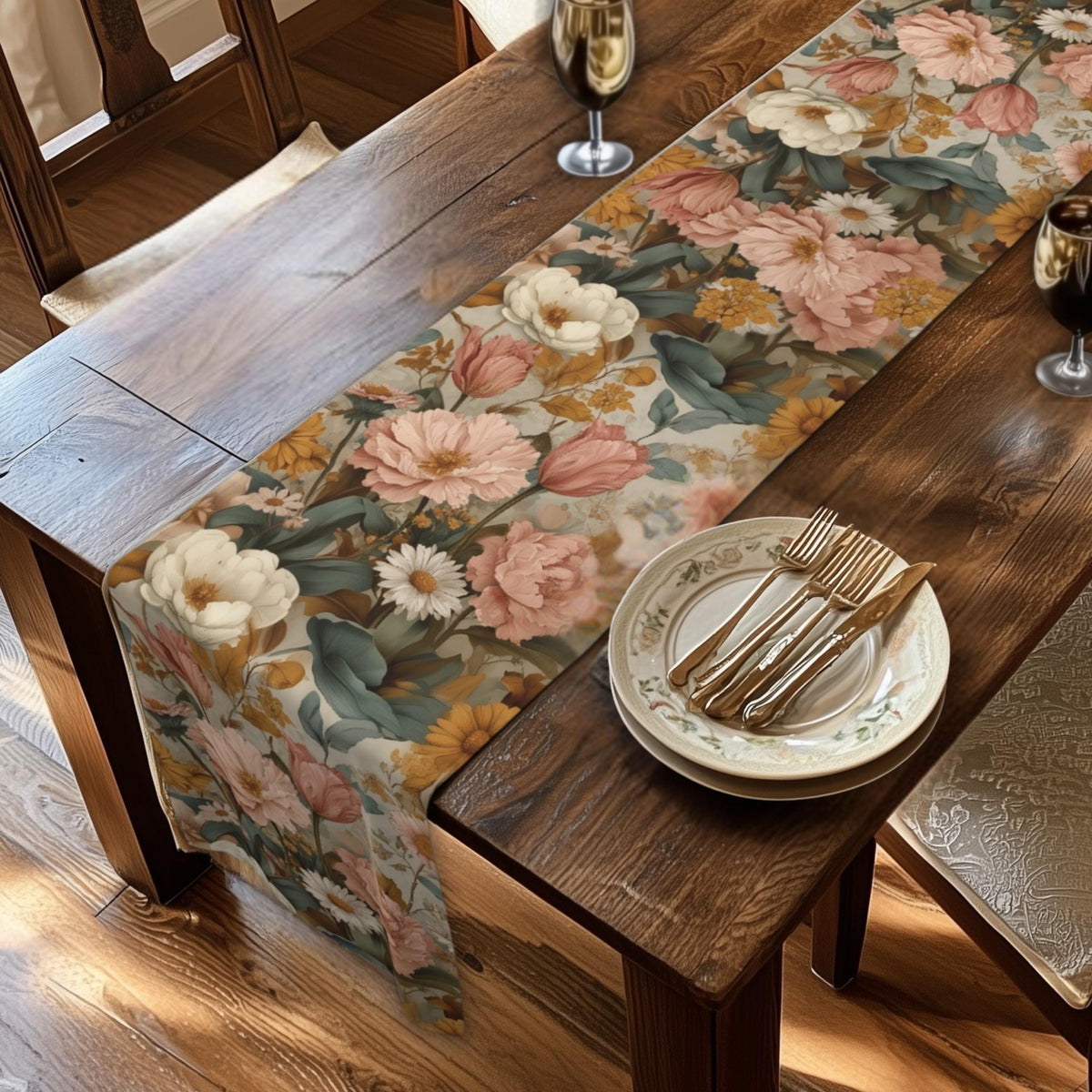 William Morris Inspired Botanical Table Runner: Dusty Rose, Sage, Ochre Autumn Accent
