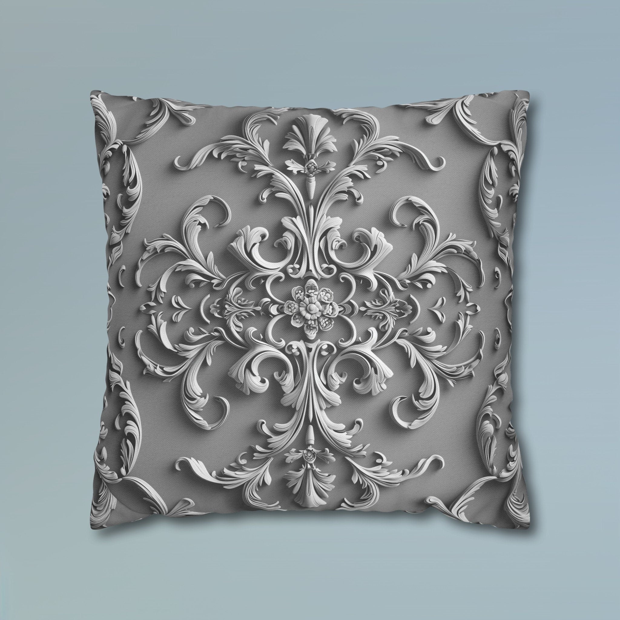 Elegant Silver Grey Baroque Floral Pillow Cover - Monochromatic Symmetrical Design for Classic Decor