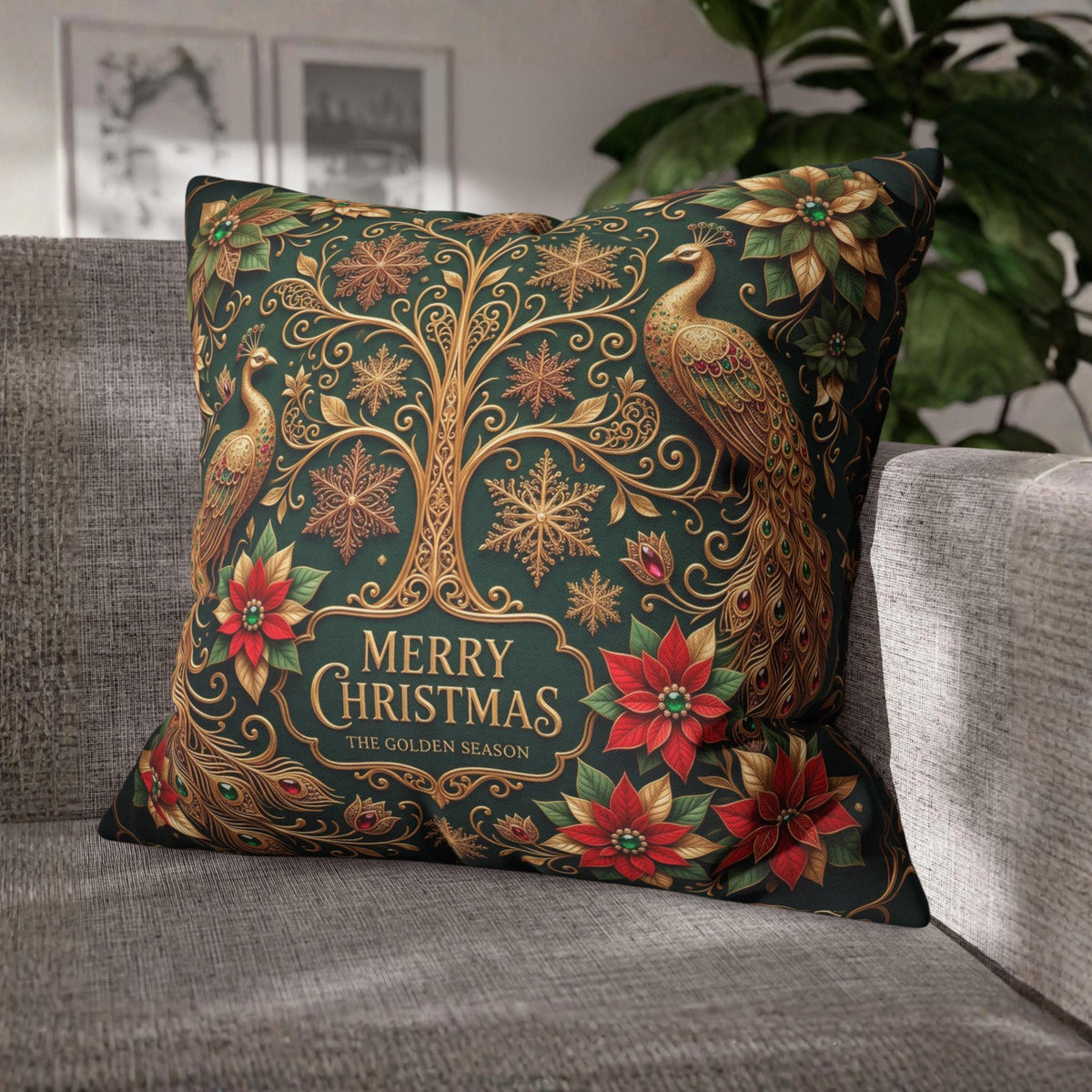 Emerald Green Peacock Christmas Pillow Cover: Gold Poinsettia, Maximalist Holiday