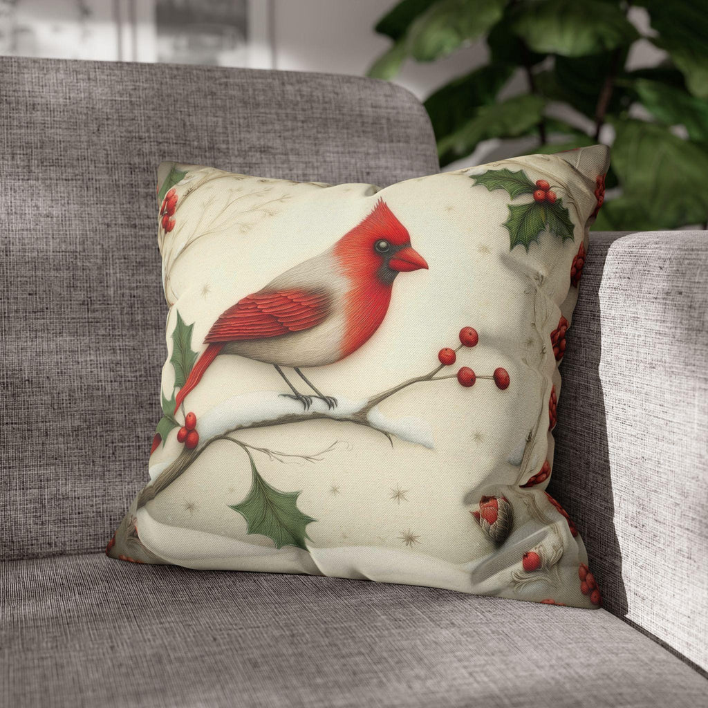 Cardinal in Winter Pillow Cover: Vintage Style Holiday Bird & Snowy Branches Accent