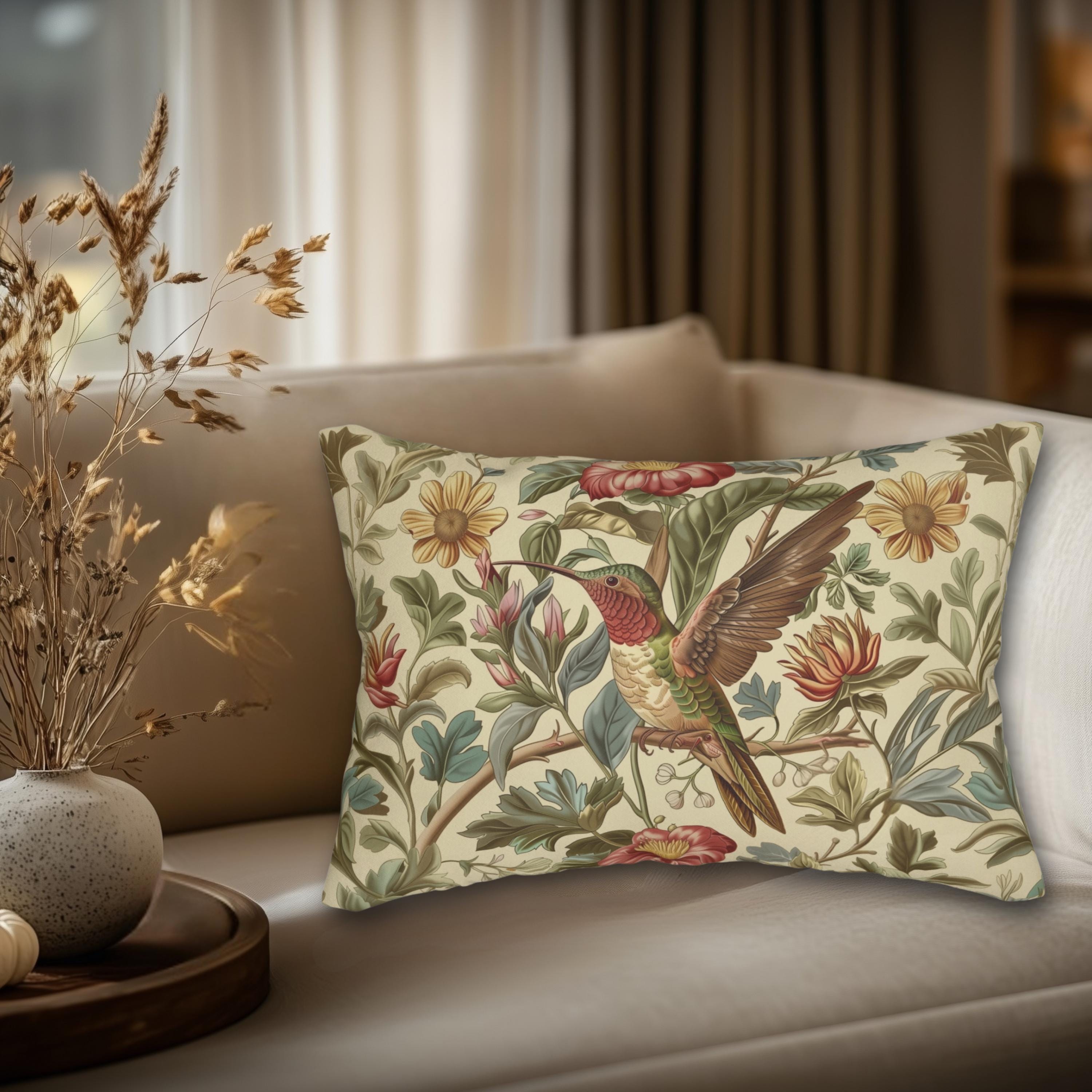 William Morris Hummingbird Lumbar Pillow: Vintage Style Botanical Bird Floral Accent