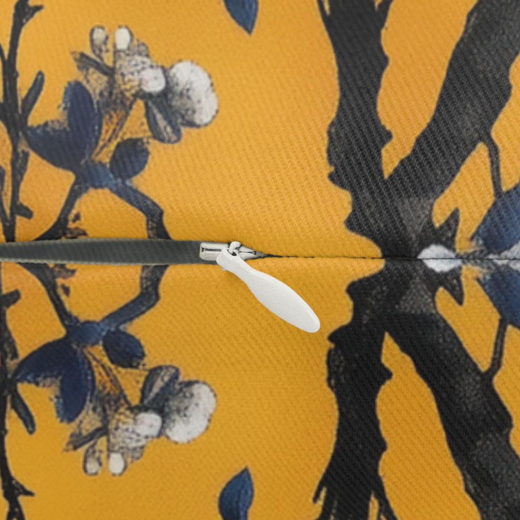 Elegant Chinoiserie Bird Lumbar Pillow: Golden Yellow & Blue Floral Cushion for Eclectic Decor