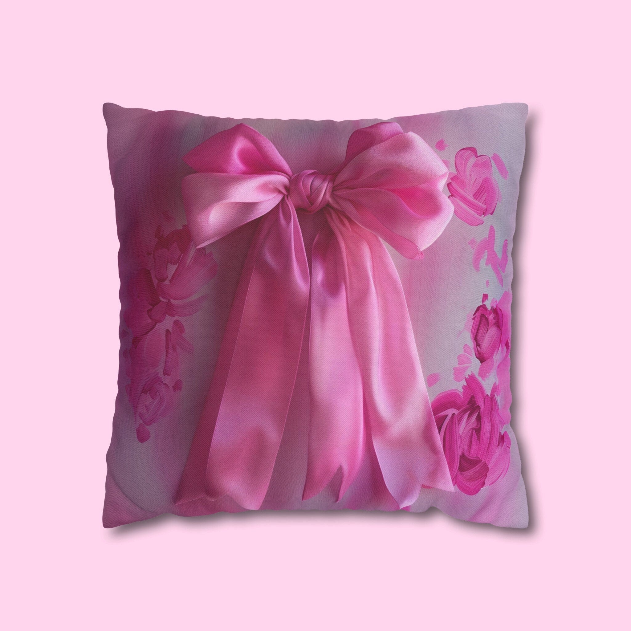 Romantic Coquette Pillow Cover: Pink Satin Bow Image & Floral Accents for Feminine Bedroom Decor