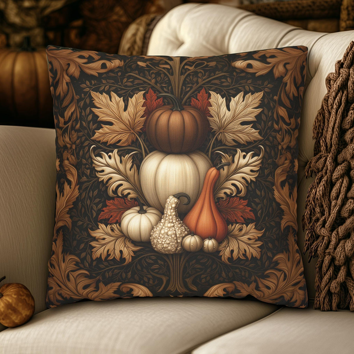 William Morris Inspired Fall Pillow Cover:  Copper, Burnt Orange, Caramel on Dark Brown