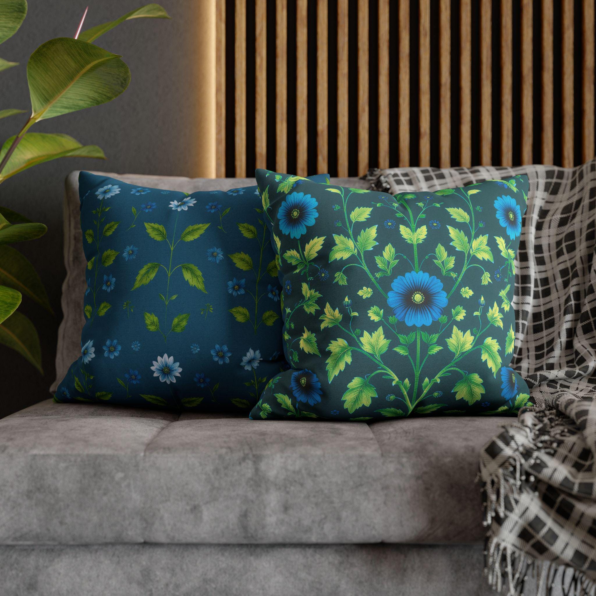Reversible William Morris Pillow Cover: Teal & Aqua Floral Botanical Design