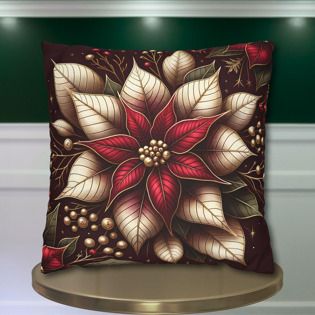 Luxurious Burgundy Poinsettia & Mistletoe Christmas Pillow Cover: Elegant Holiday Decor for Sofa