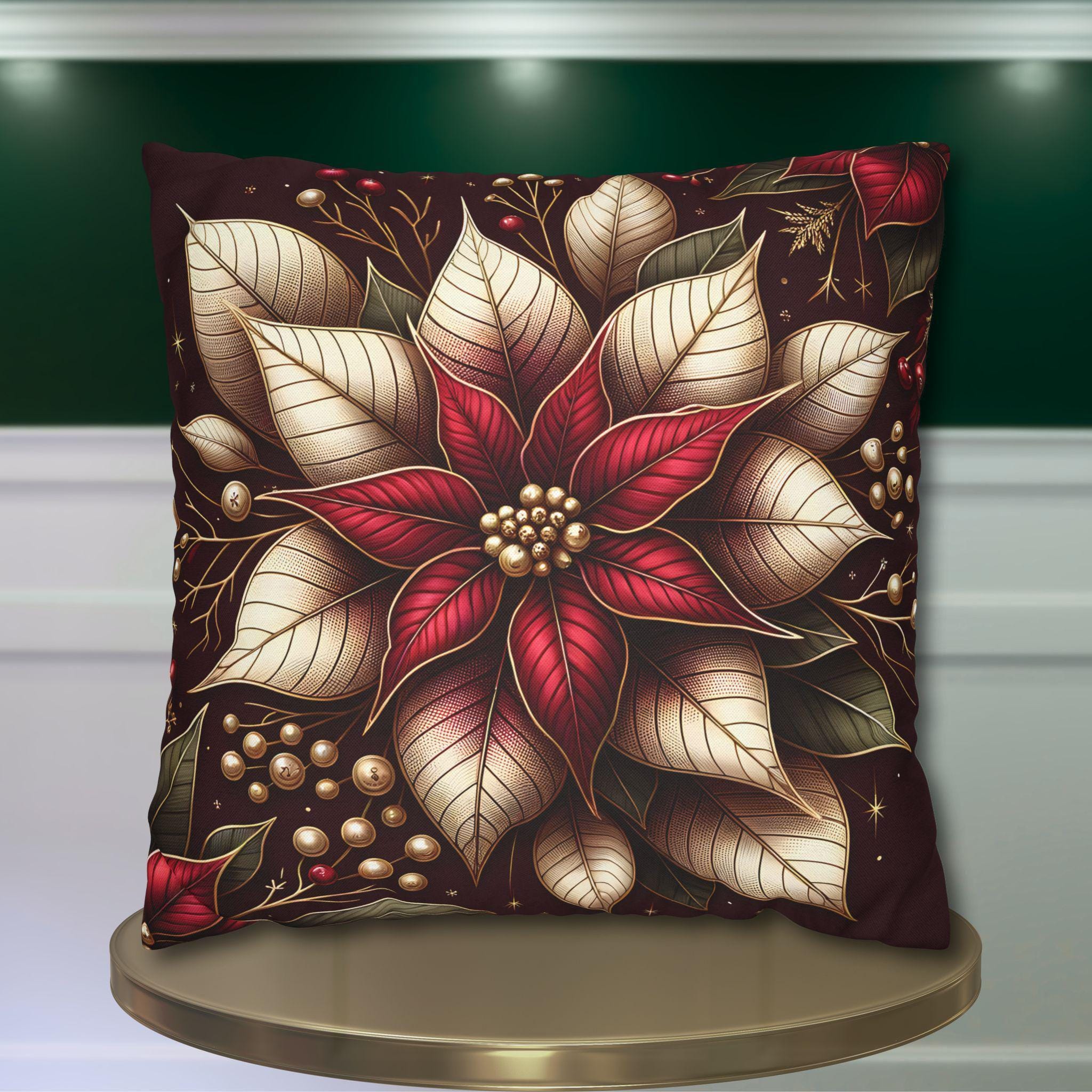 Luxurious Burgundy Poinsettia & Mistletoe Christmas Pillow Cover: Elegant Holiday Decor for Sofa