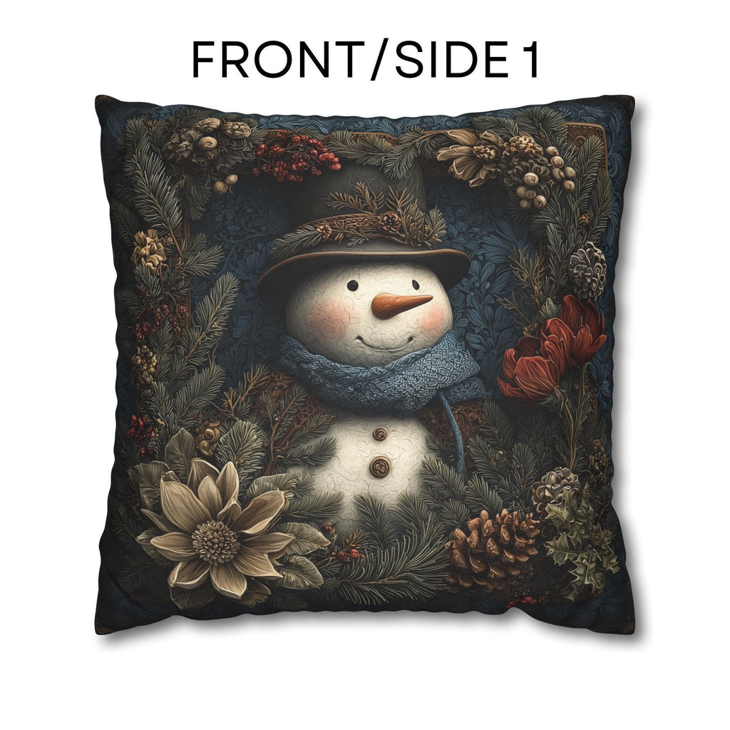 Winter Woodland Snowman Pillow Cover: William Morris Style with Pine, Florals & Vintage Charm