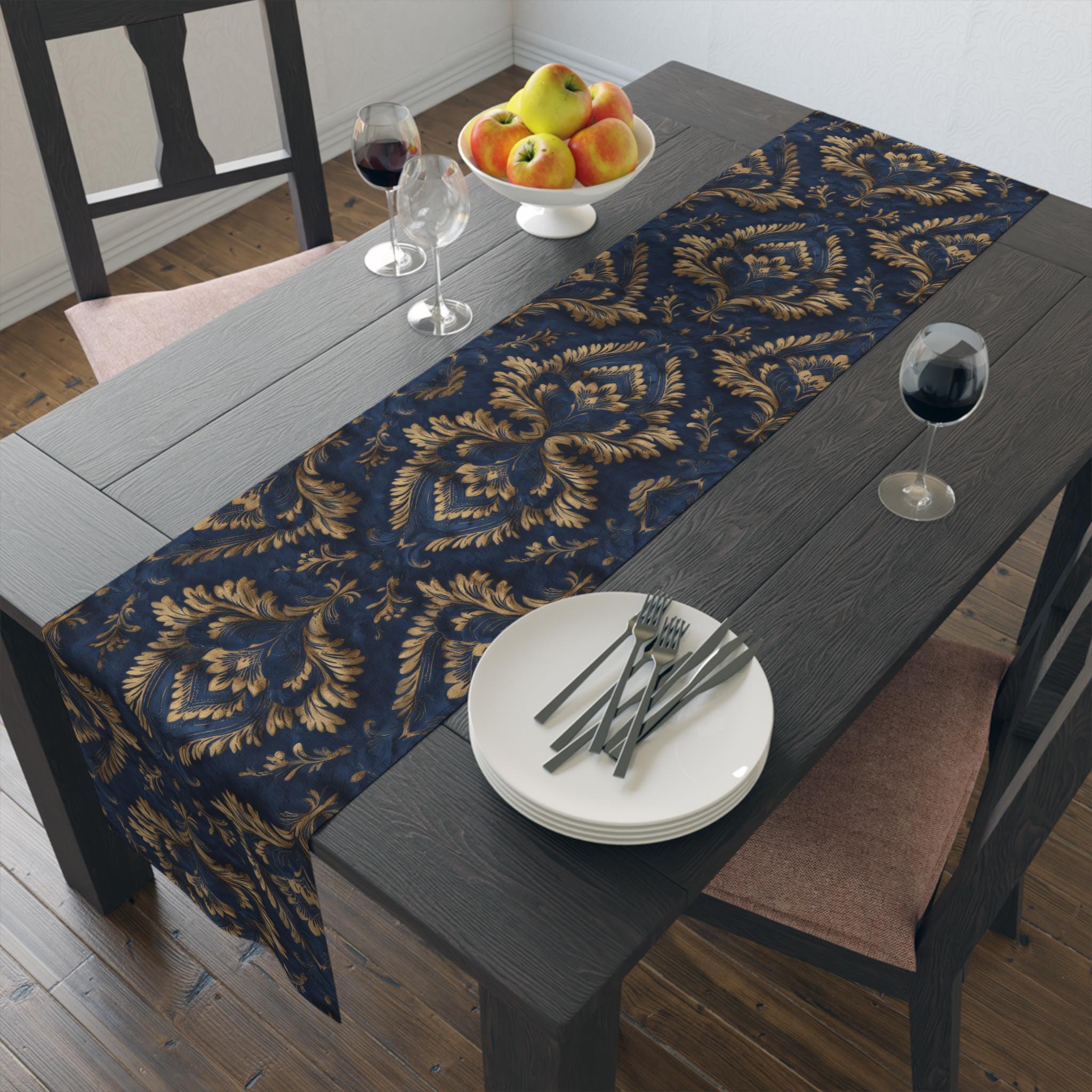 Royal Blue & Gold Damask Table Runner: Faux Brocade Holiday Accent