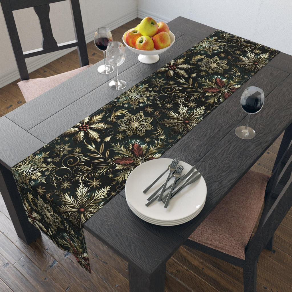 Emerald Green Holiday Table Runner: Gold Snowflakes, Red Poinsettias