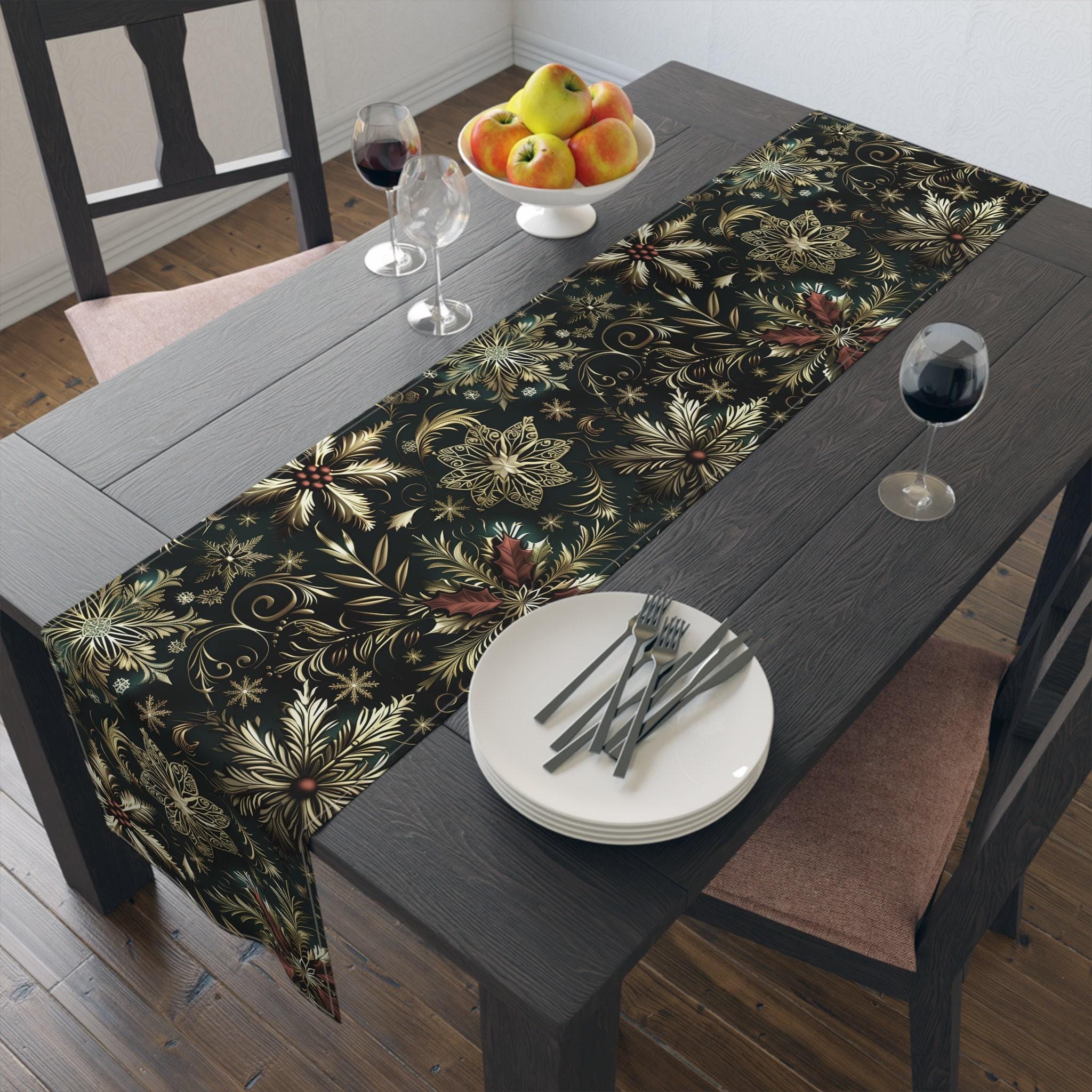 Emerald Green Holiday Table Runner: Gold Snowflakes, Red Poinsettias