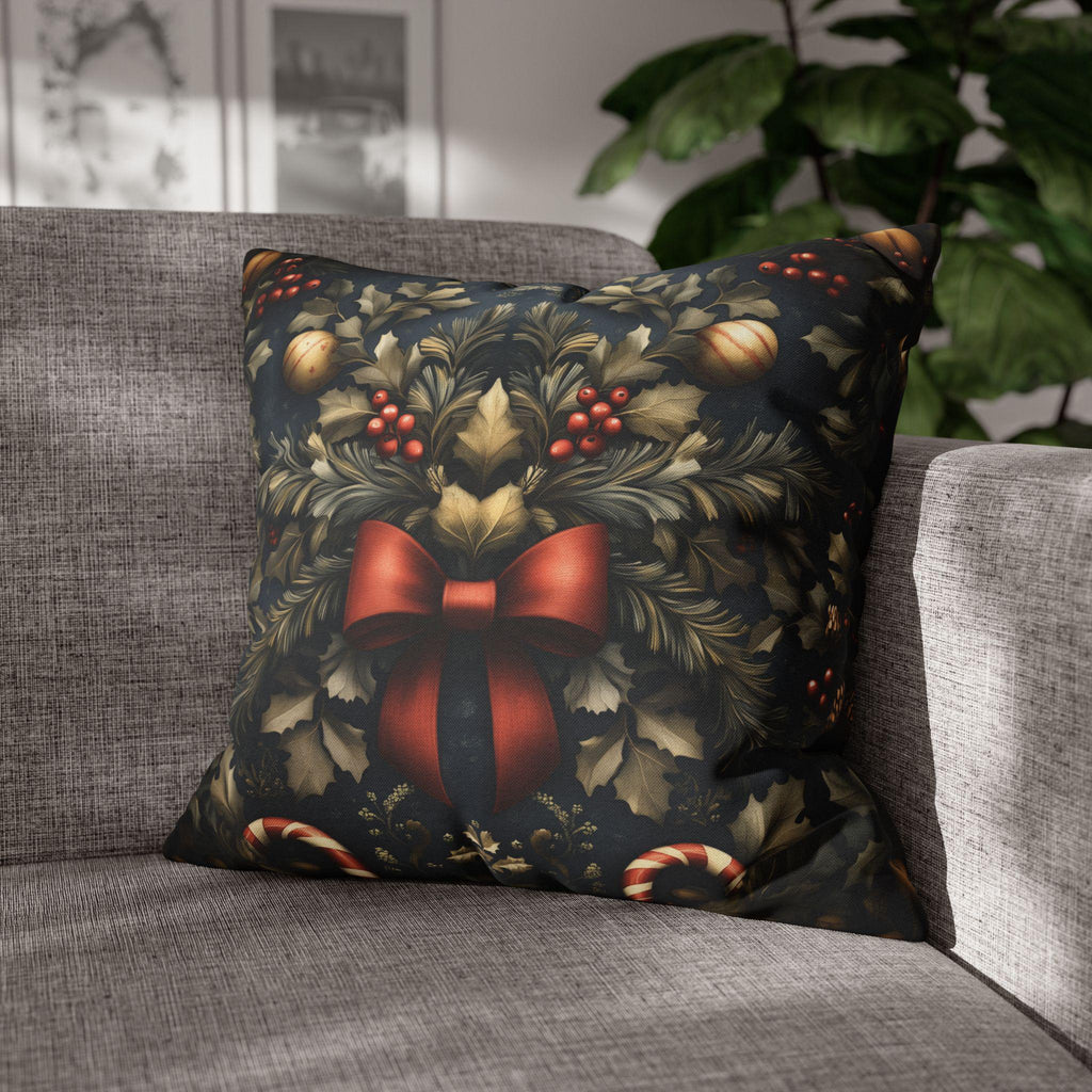 Midnight Holiday Pillow Cover: Morris-Style Christmas Theme in Navy, Gold & Red