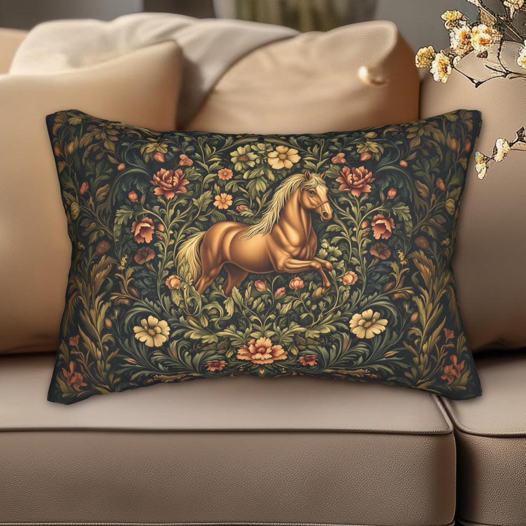 Horse Lumbar Pillow: William Morris Inspired  Golden Equestrian Botanical Floral