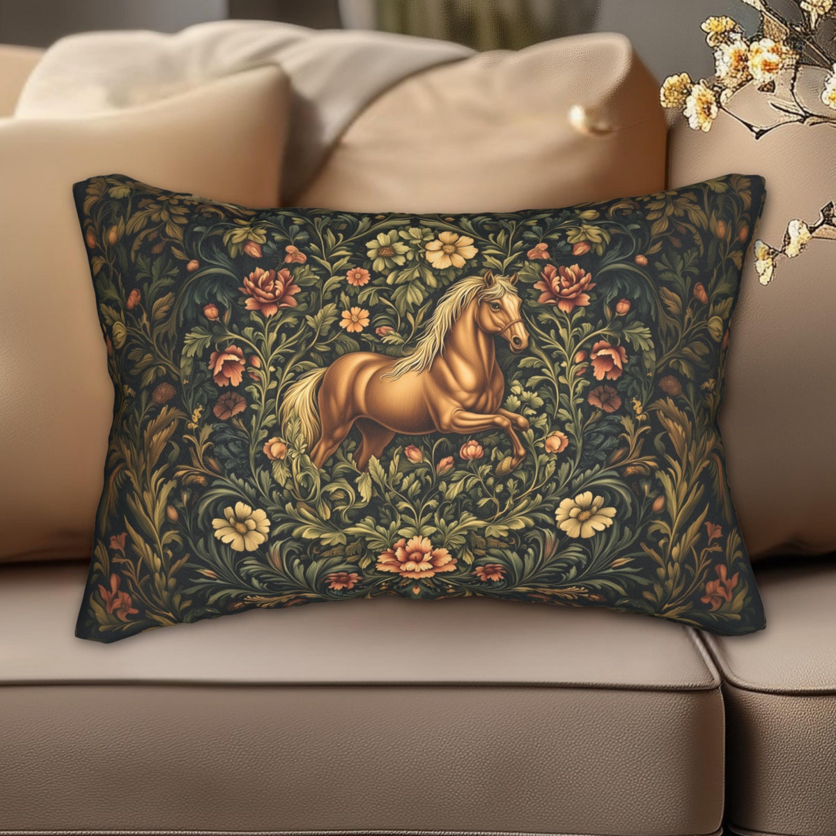 Horse Lumbar Pillow: William Morris Inspired  Golden Equestrian Botanical Floral