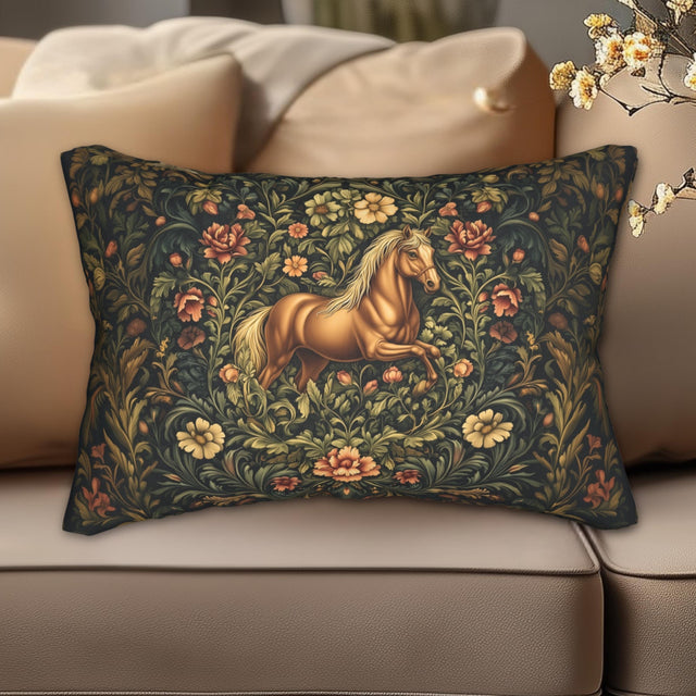 Horse Lumbar Pillow: William Morris Inspired  Golden Equestrian Botanical Floral