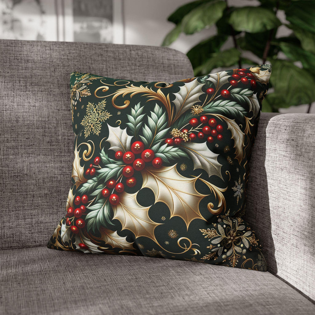 Elegant Emerald Pillow Cover: Golden Holly & Silver Snowflakes for Festive Holiday Decor