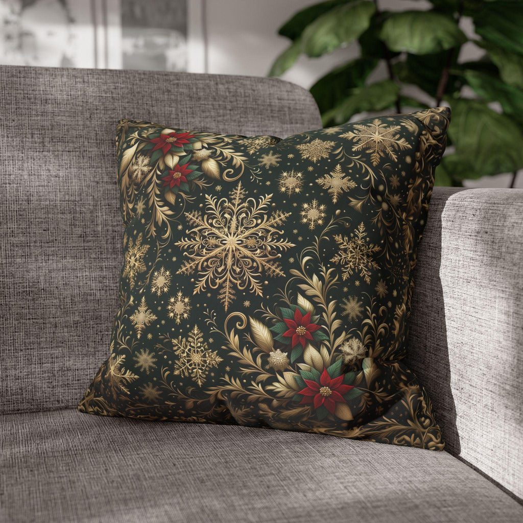 Poinsettia Christmas Pillow Cover: Gold Snowflakes on Emerald Green