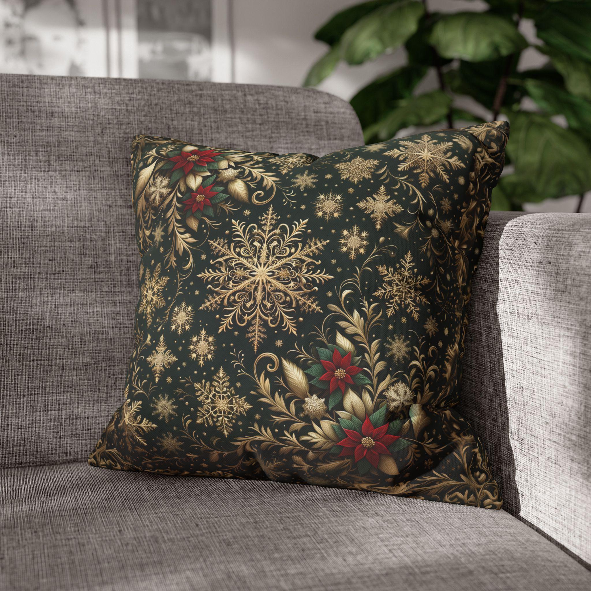 Poinsettia Christmas Pillow Cover: Gold Snowflakes on Emerald Green