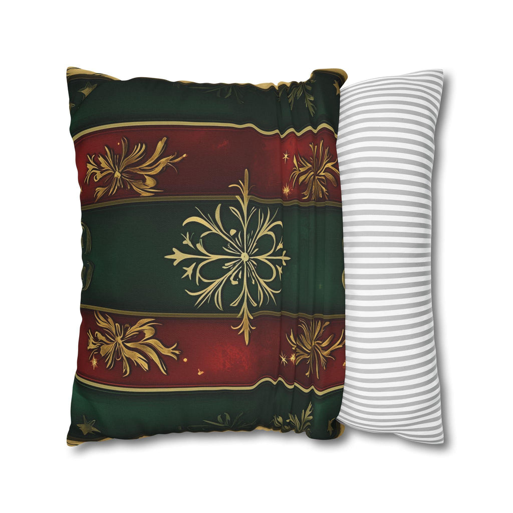 Red and Green Striped Holiday Pillow Cover: Gold Floral Accent