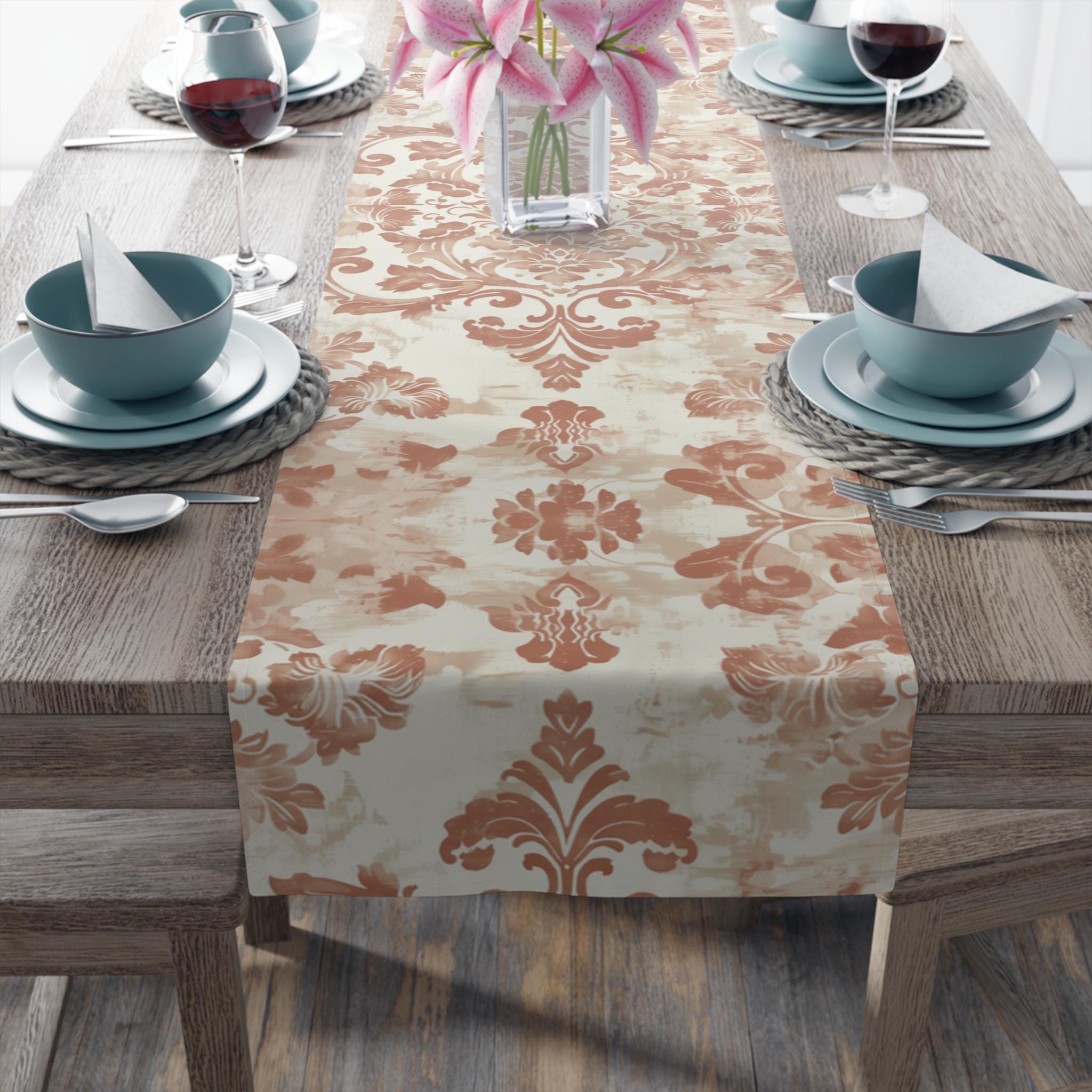 Vintage Style French Country Table Runner: Distressed Damask Cotton Rustic Farmhouse Dining Decor