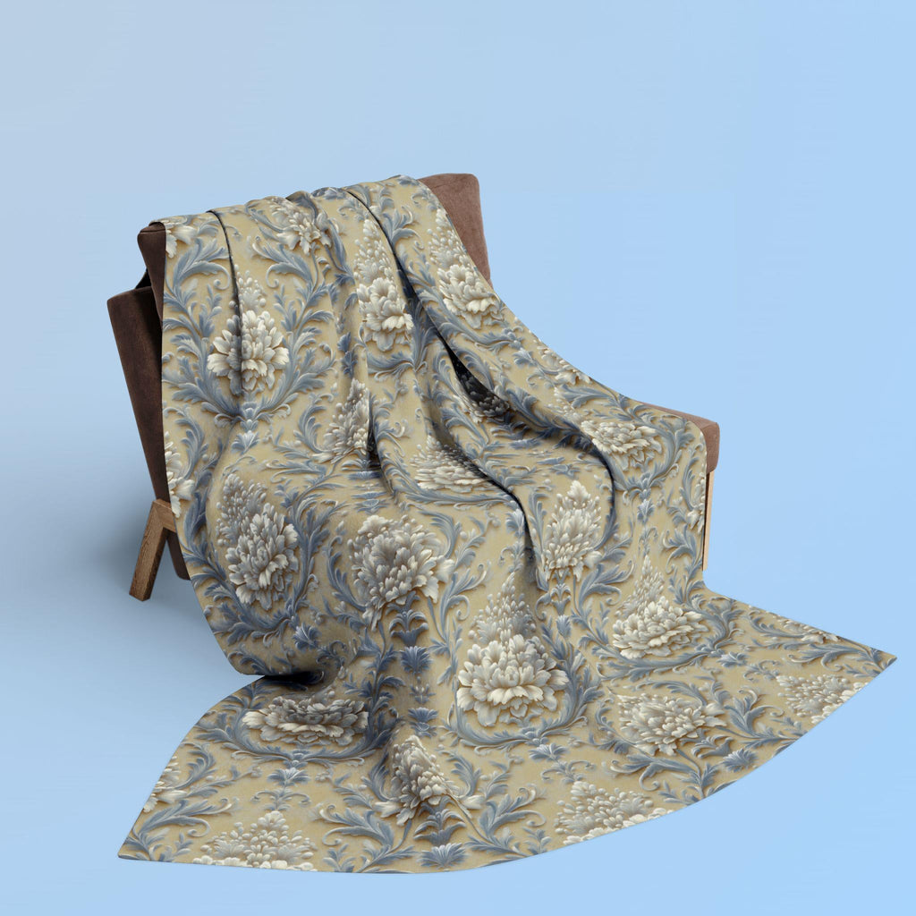 Damask Floral Fleece Throw Blanket: Elegant Pale Gold, Blue & Ivory