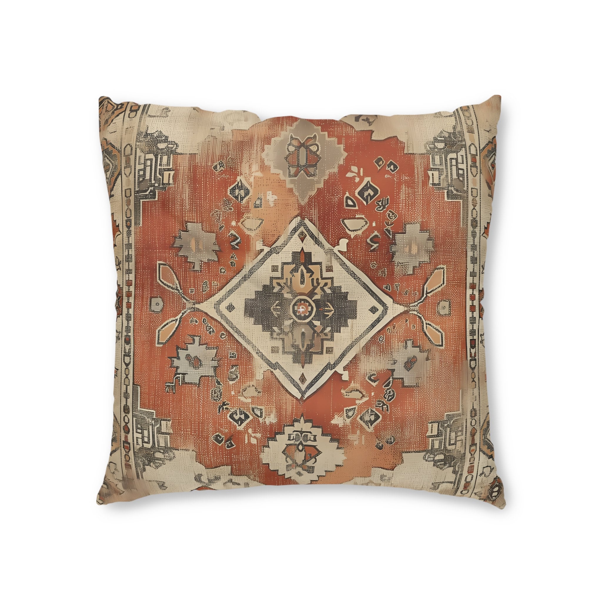 Persian Tribal Diamond Medallion Tufted Floor Cushion - Antique Tapestry Design Earth Tone Seating