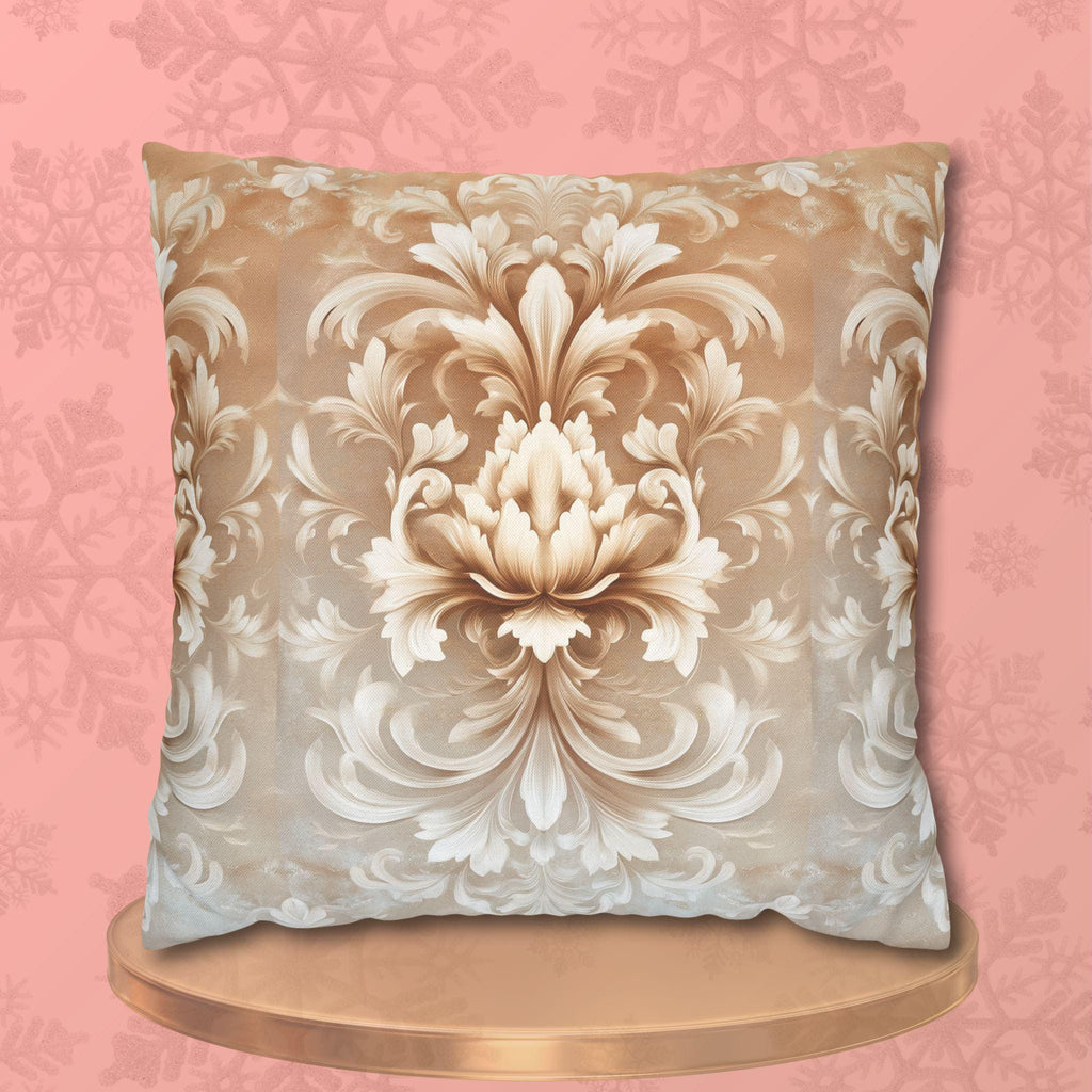 Luxurious Damask Floral Pillowcase: Ivory-Caramel Gradient Scrollwork Design, Elegant Soft Decor Accent