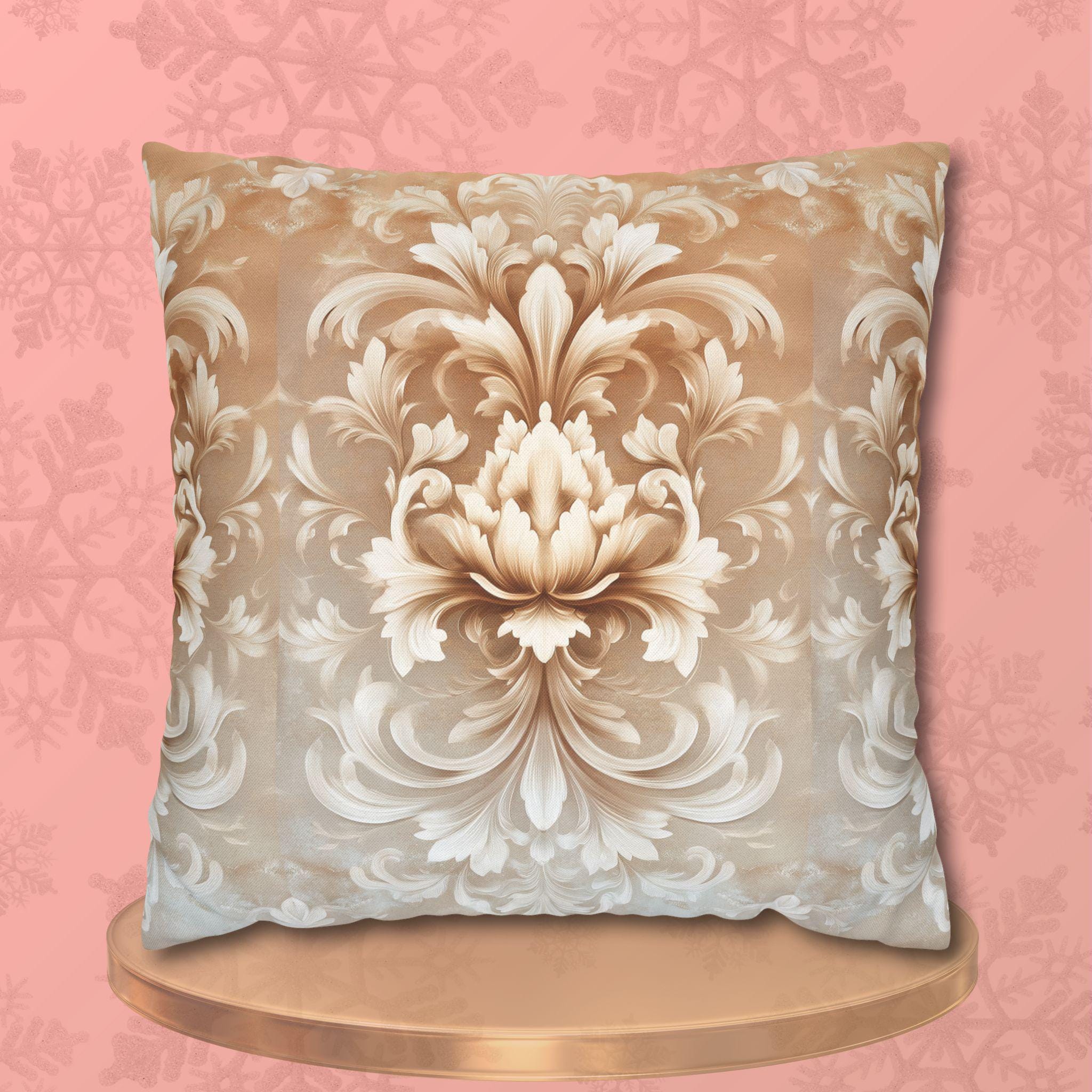 Luxurious Damask Floral Pillowcase: Ivory-Caramel Gradient Scrollwork Design, Elegant Soft Decor Accent