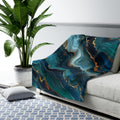 Ocean Waves Fleece Throw: Teal Navy & Gold Accent Blanket