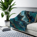 Ocean Waves Fleece Throw: Teal Navy & Gold Accent Blanket
