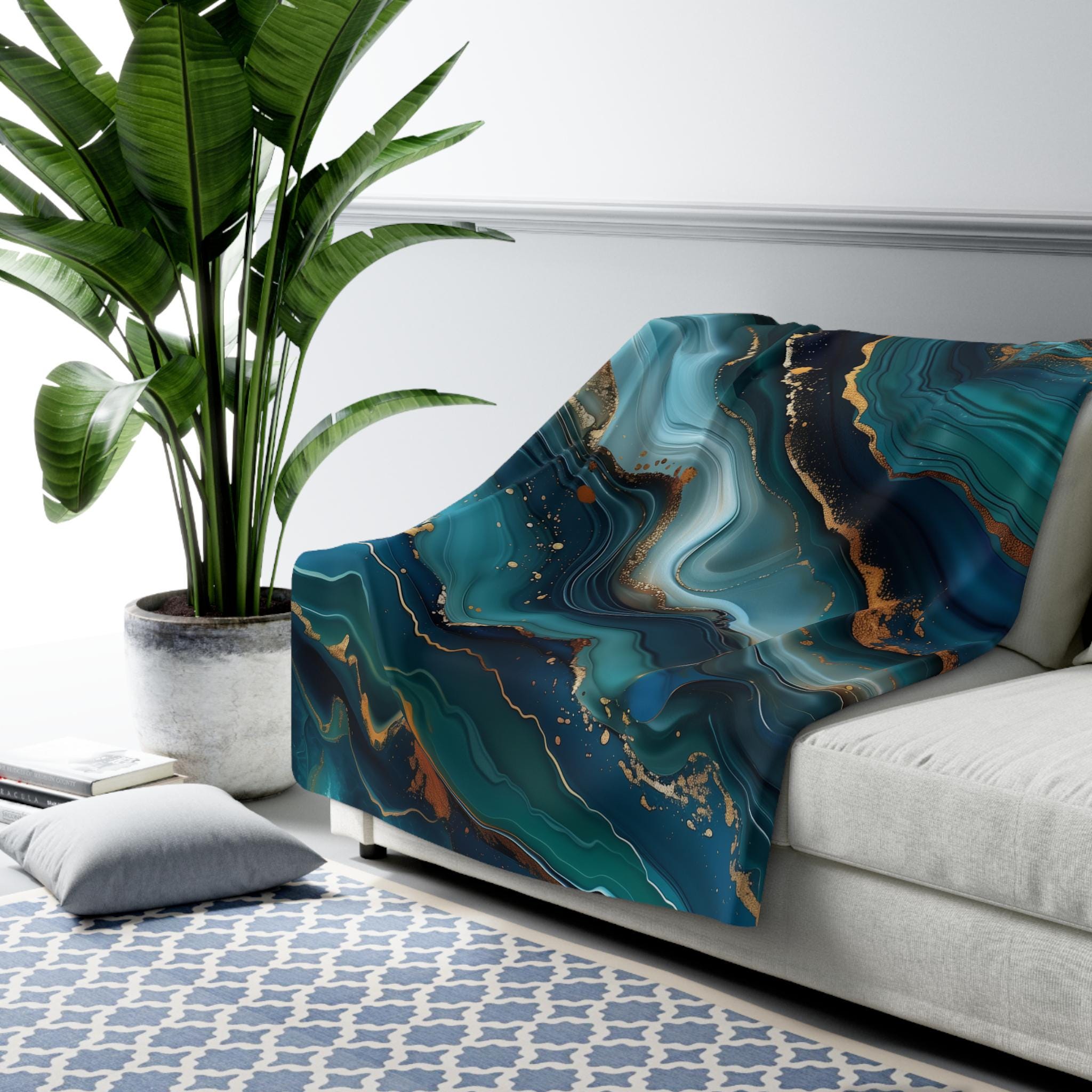 Ocean Waves Fleece Throw: Teal Navy & Gold Accent Blanket