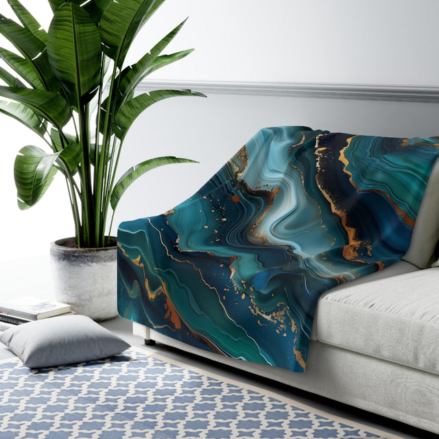 Ocean Waves Fleece Throw: Teal Navy & Gold Accent Blanket
