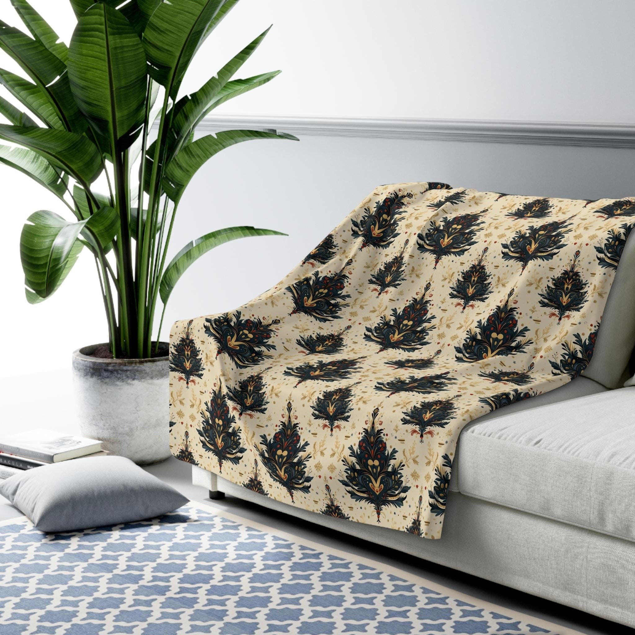 William Morris Christmas Tree Fleece Blanket, Vintage Holiday Decor