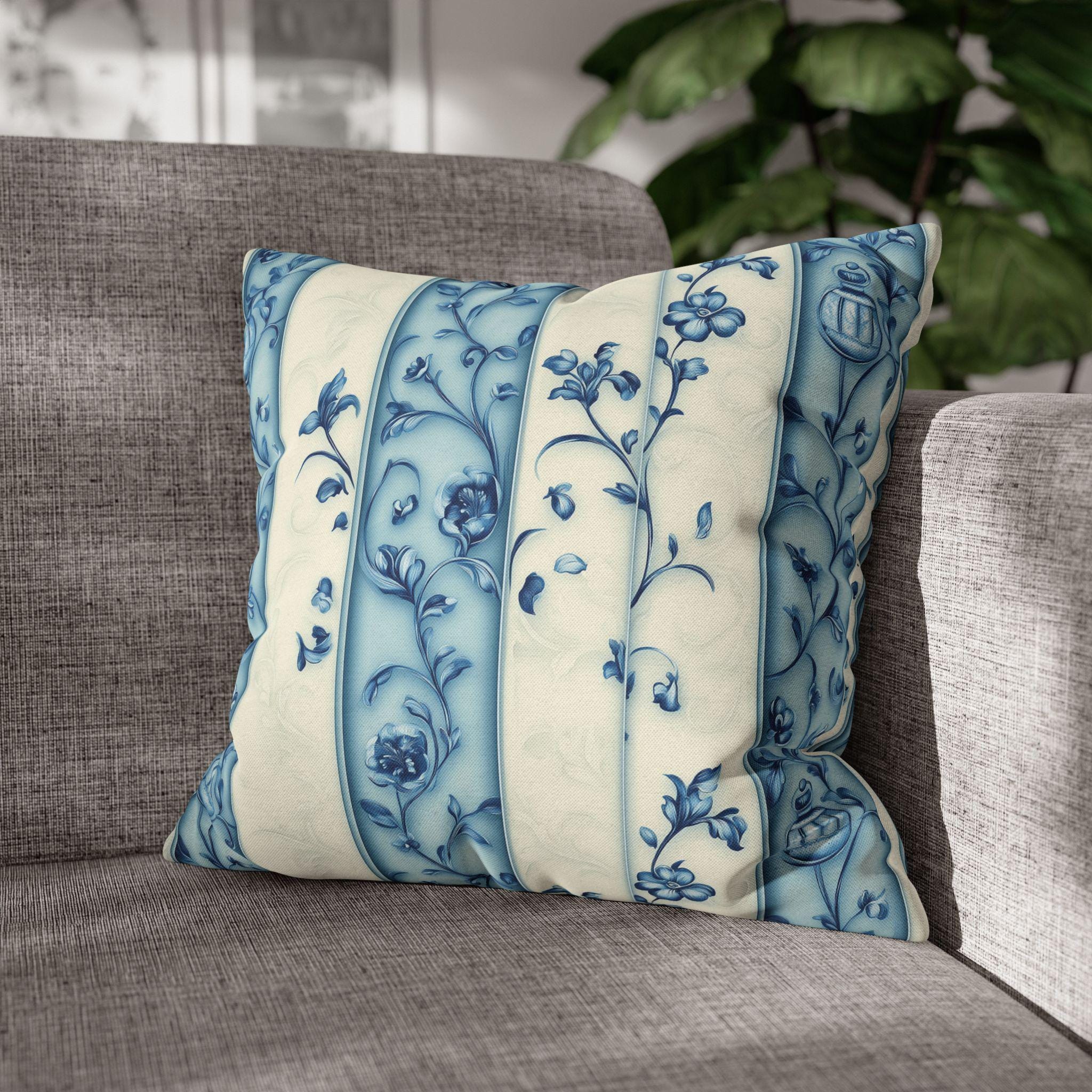 Elegant Blue & White Chinoiserie Floral Stripe Pillowcase: French-Inspired Square Cushion Cover