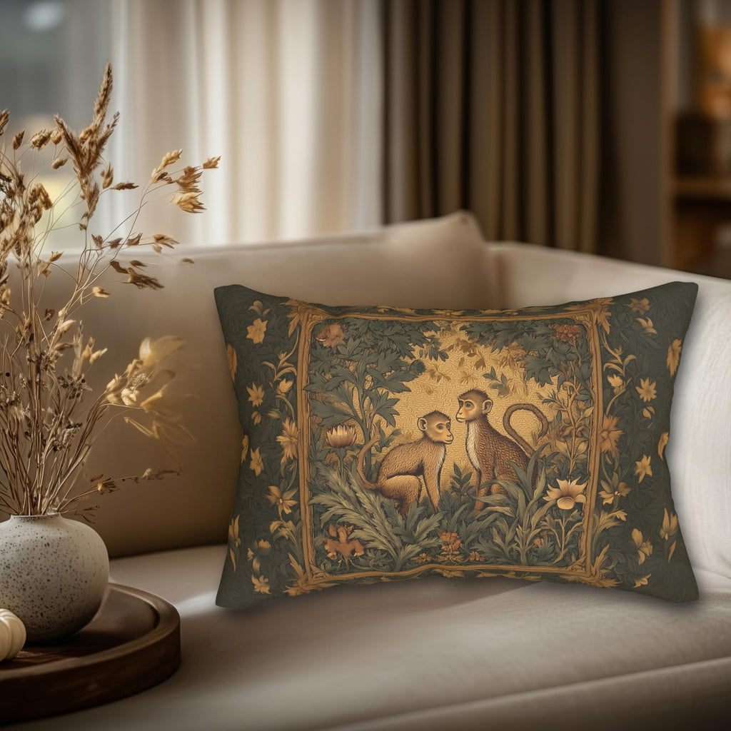 William Morris Style Lumbar Pillow:  Monkey Jungle Botanical Design