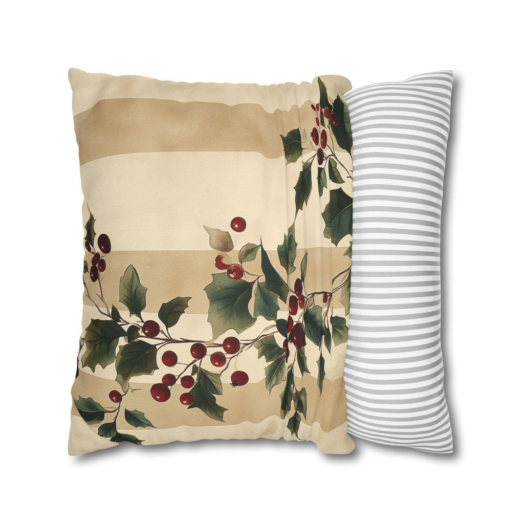 Vintage Style Holly & Stripes Pillow Cover: Classic Christmas Botanical Accent