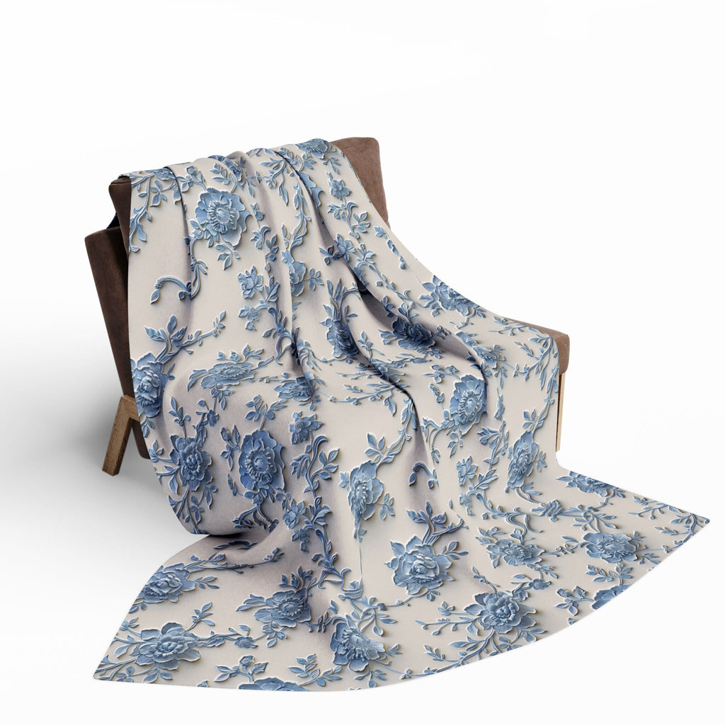 Blue Floral Chinoiserie Fleece Throw Blanket: Elegant Home Decor