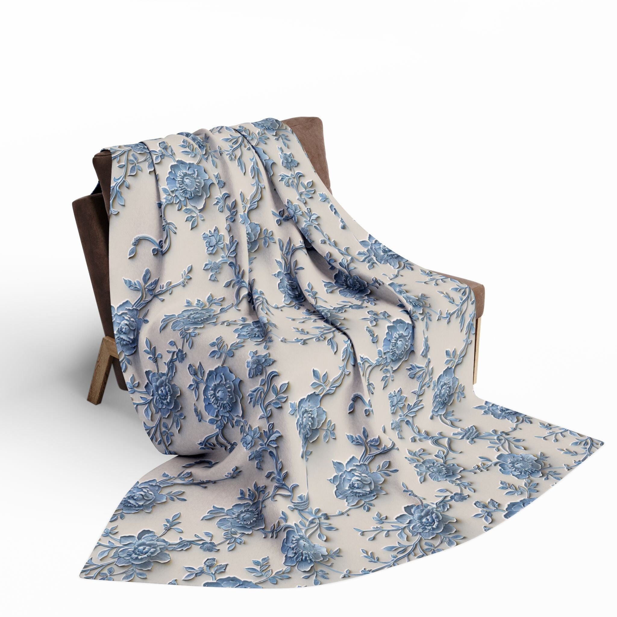 Blue Floral Chinoiserie Fleece Throw Blanket: Elegant Home Decor