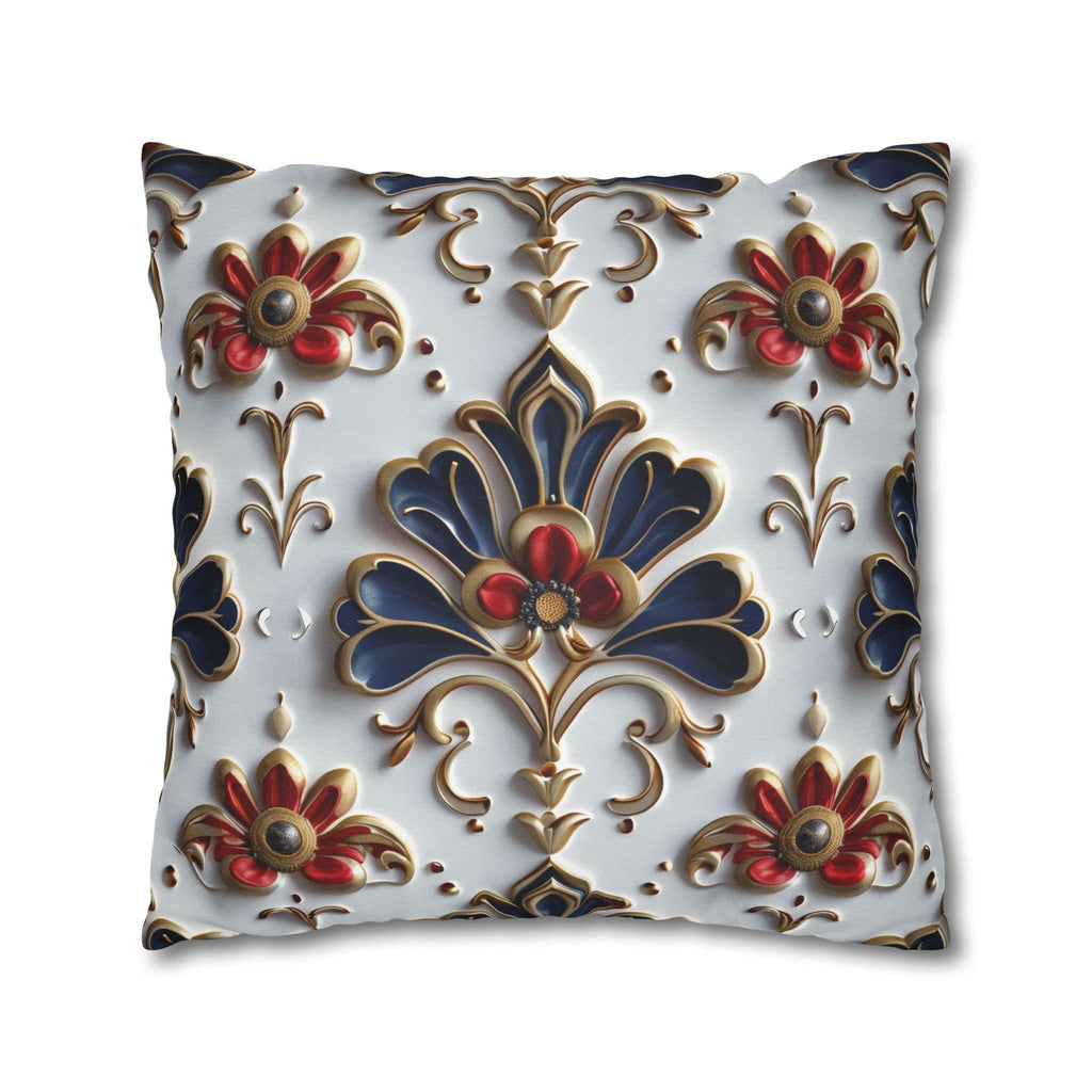 Baroque Floral Pillow Cover: Navy Blue, Gold & Red Accent