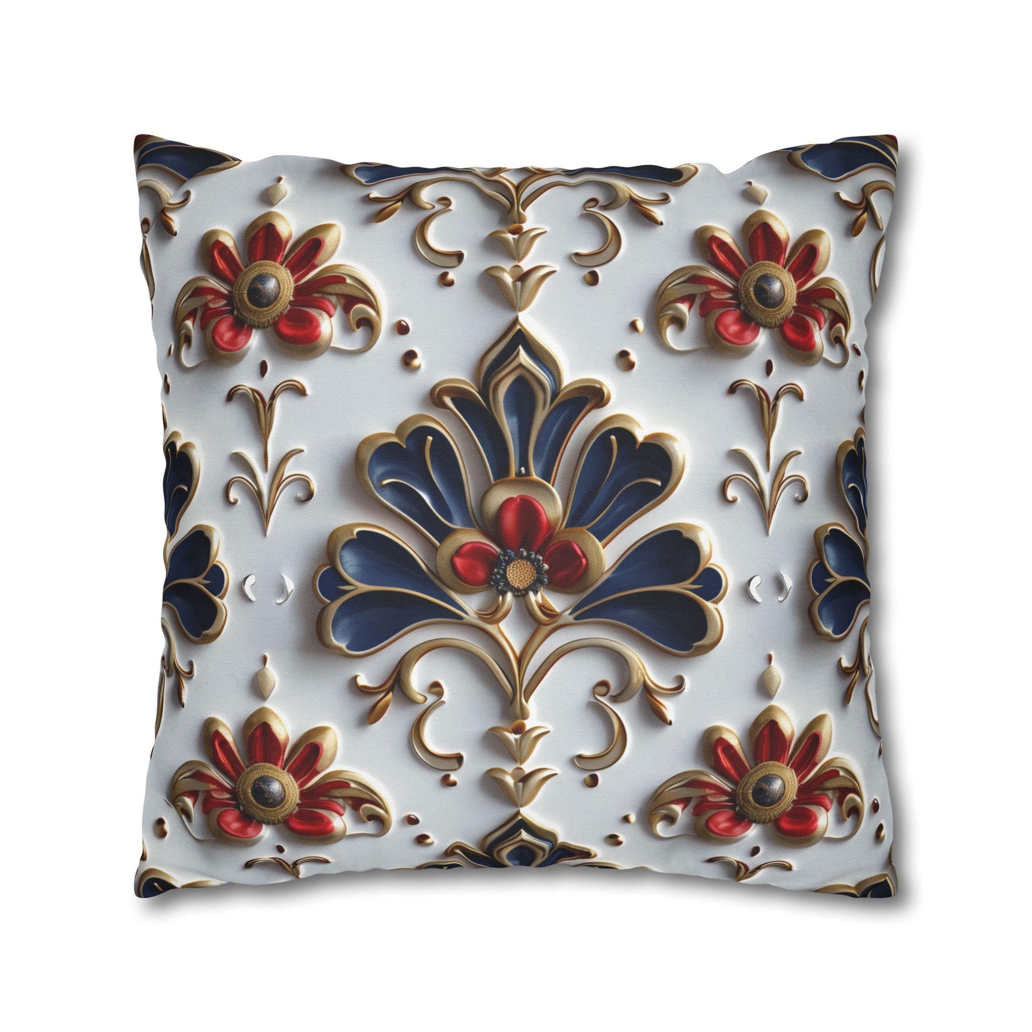 Baroque Floral Pillow Cover: Navy Blue, Gold & Red Accent